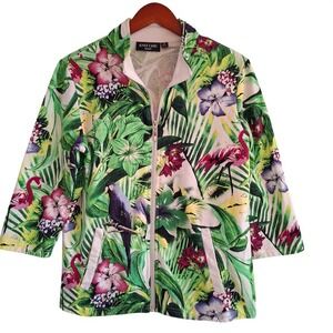 Knit Chic Tropical jacket Womens Small Green Flamingo Parrot Floral Florida